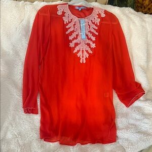 ANTONIO MELANI Red Tunic with White Embroidered Yoke